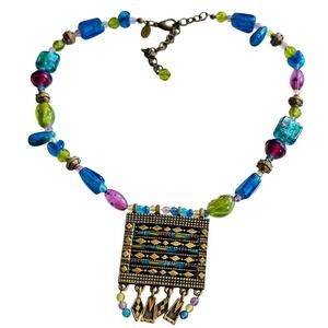 Chico's BOHO Necklace VTG Statement Collar‎ colorful Beaded Glass crystal 19"